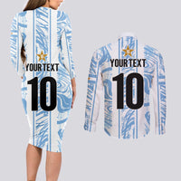 Custom Argentina Champion Football 2024 Couples Matching Long Sleeve Bodycon Dress and Long Sleeve Button Shirt La Albiceleste Campeon de America - Wonder Print Shop