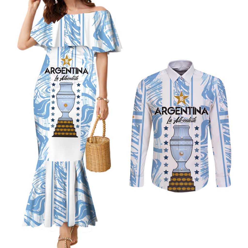 Custom Argentina Champion Football 2024 Couples Matching Mermaid Dress and Long Sleeve Button Shirt La Albiceleste Campeon de America