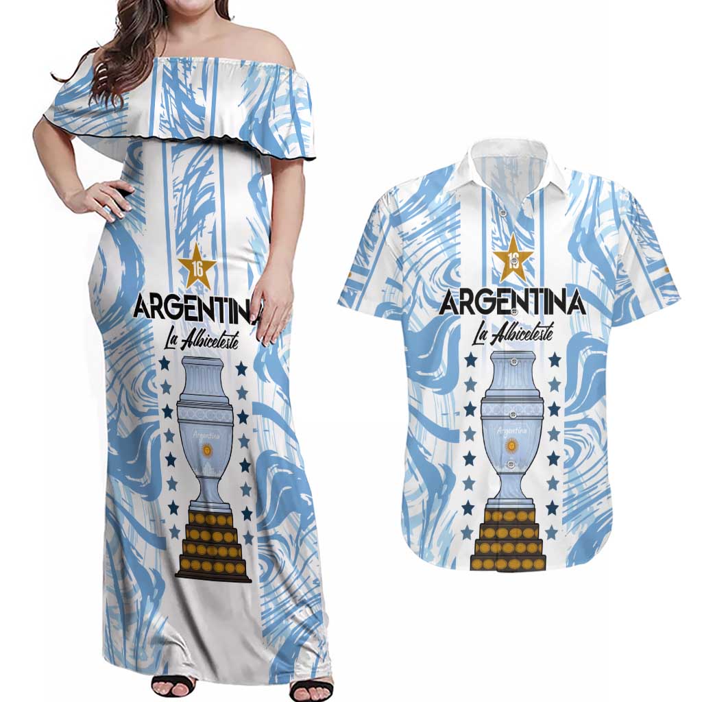 Custom Argentina Champion Football 2024 Couples Matching Off Shoulder Maxi Dress and Hawaiian Shirt La Albiceleste Campeon de America - Wonder Print Shop