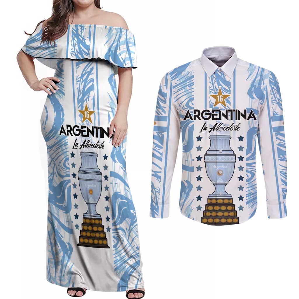 Custom Argentina Champion Football 2024 Couples Matching Off Shoulder Maxi Dress and Long Sleeve Button Shirt La Albiceleste Campeon de America - Wonder Print Shop