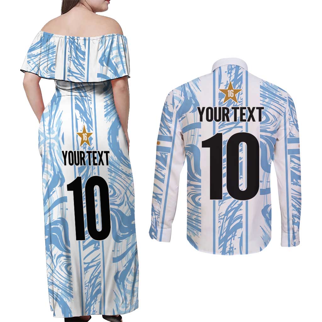 Custom Argentina Champion Football 2024 Couples Matching Off Shoulder Maxi Dress and Long Sleeve Button Shirt La Albiceleste Campeon de America - Wonder Print Shop