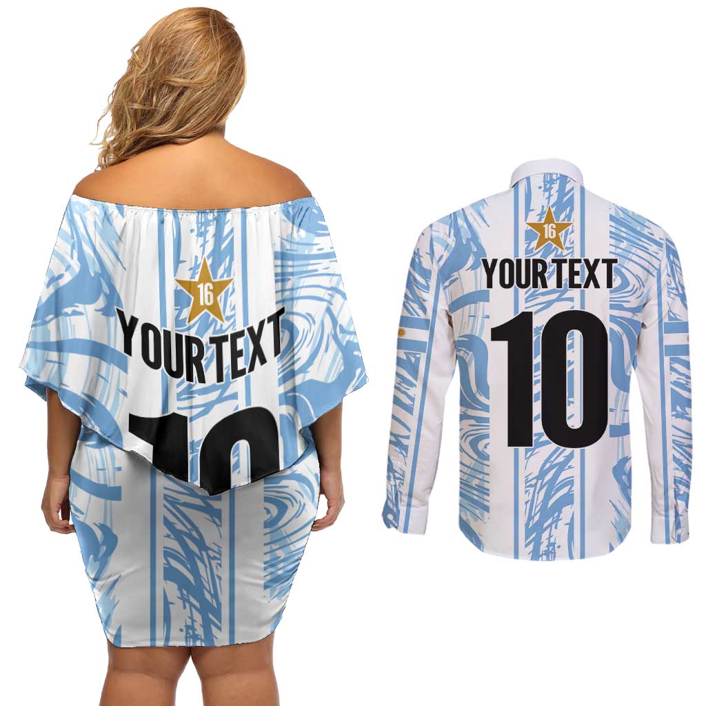 Custom Argentina Champion Football 2024 Couples Matching Off Shoulder Short Dress and Long Sleeve Button Shirt La Albiceleste Campeon de America - Wonder Print Shop