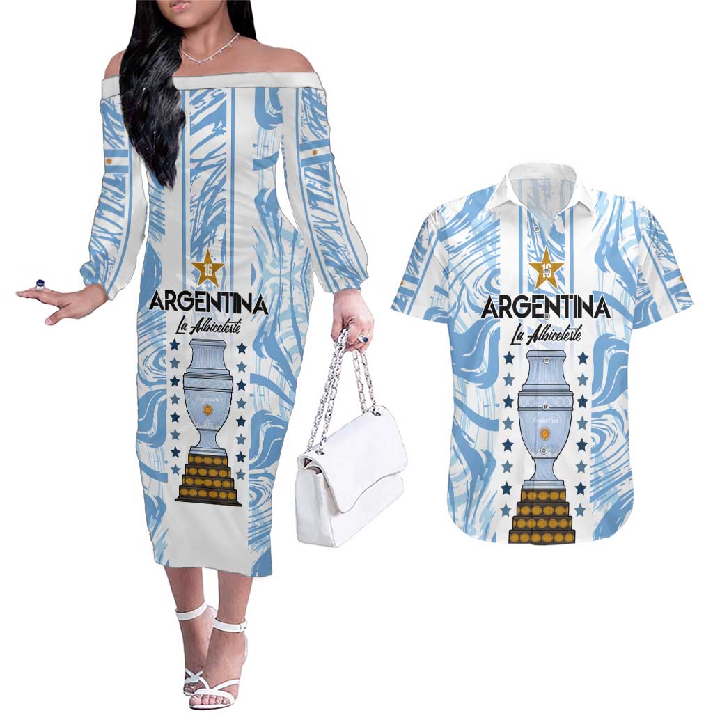 Custom Argentina Champion Football 2024 Couples Matching Off The Shoulder Long Sleeve Dress and Hawaiian Shirt La Albiceleste Campeon de America - Wonder Print Shop