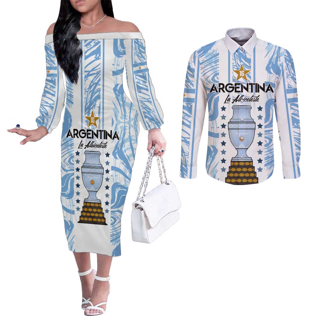 Custom Argentina Champion Football 2024 Couples Matching Off The Shoulder Long Sleeve Dress and Long Sleeve Button Shirt La Albiceleste Campeon de America