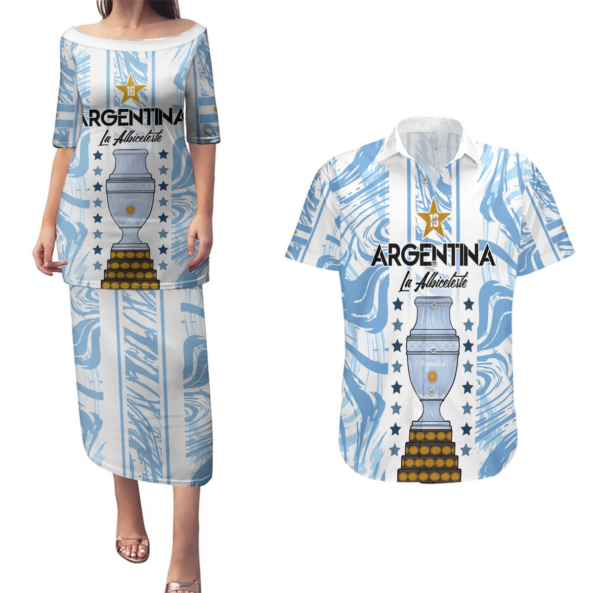 Custom Argentina Champion Football 2024 Couples Matching Puletasi and Hawaiian Shirt La Albiceleste Campeon de America - Wonder Print Shop