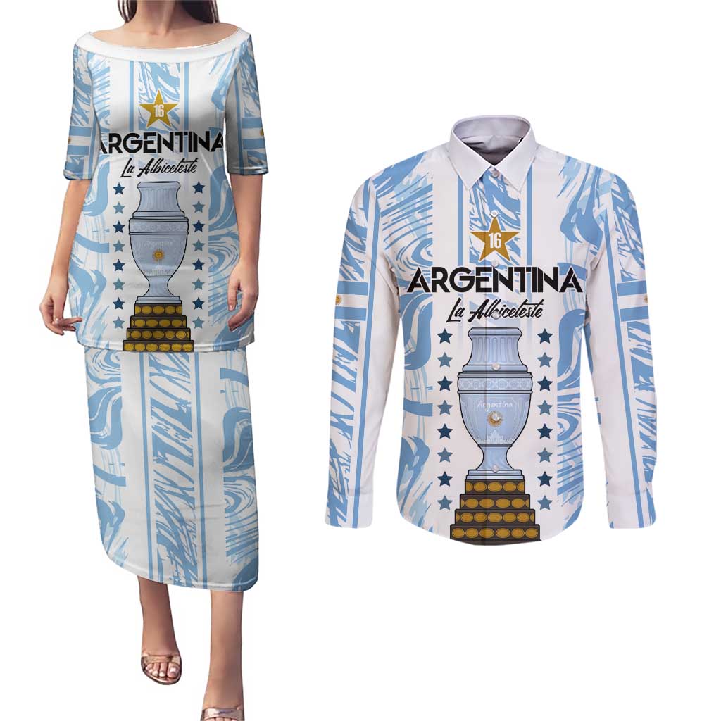 Custom Argentina Champion Football 2024 Couples Matching Puletasi and Long Sleeve Button Shirt La Albiceleste Campeon de America - Wonder Print Shop