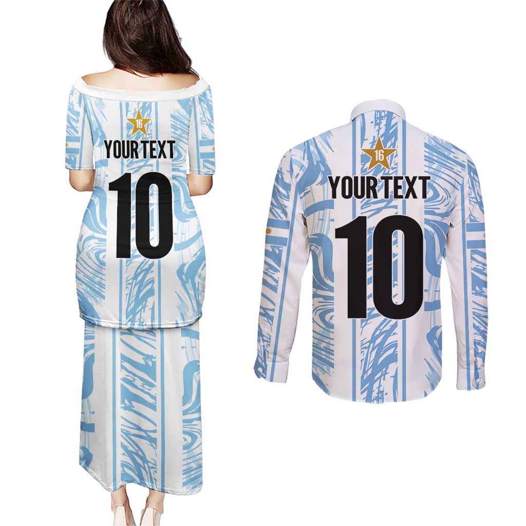 Custom Argentina Champion Football 2024 Couples Matching Puletasi and Long Sleeve Button Shirt La Albiceleste Campeon de America - Wonder Print Shop