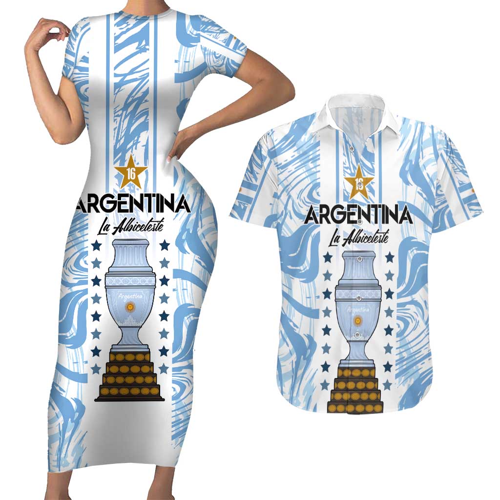 Custom Argentina Champion Football 2024 Couples Matching Short Sleeve Bodycon Dress and Hawaiian Shirt La Albiceleste Campeon de America - Wonder Print Shop