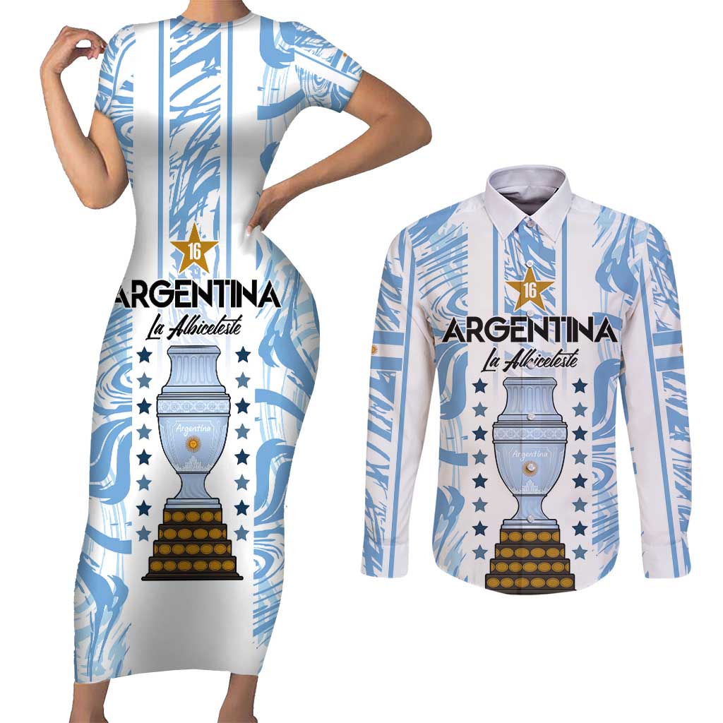 Custom Argentina Champion Football 2024 Couples Matching Short Sleeve Bodycon Dress and Long Sleeve Button Shirt La Albiceleste Campeon de America - Wonder Print Shop