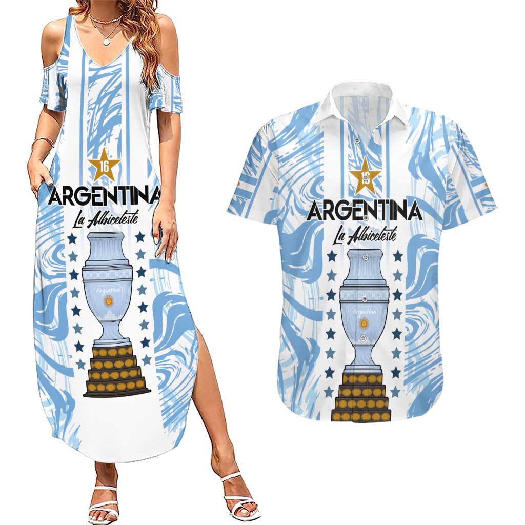 Custom Argentina Champion Football 2024 Couples Matching Summer Maxi Dress and Hawaiian Shirt La Albiceleste Campeon de America - Wonder Print Shop