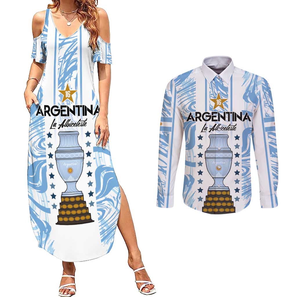 Custom Argentina Champion Football 2024 Couples Matching Summer Maxi Dress and Long Sleeve Button Shirt La Albiceleste Campeon de America - Wonder Print Shop
