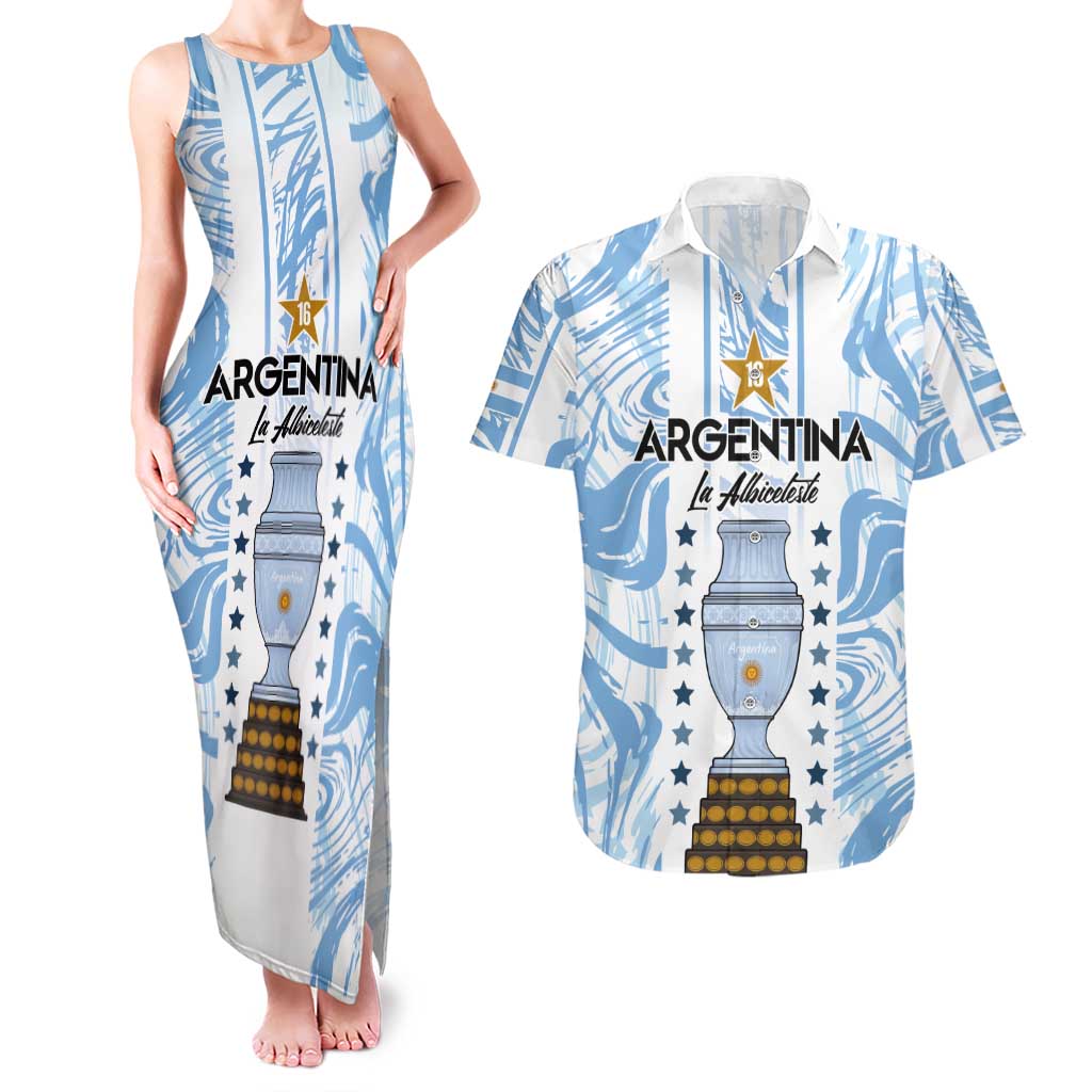 Custom Argentina Champion Football 2024 Couples Matching Tank Maxi Dress and Hawaiian Shirt La Albiceleste Campeon de America - Wonder Print Shop
