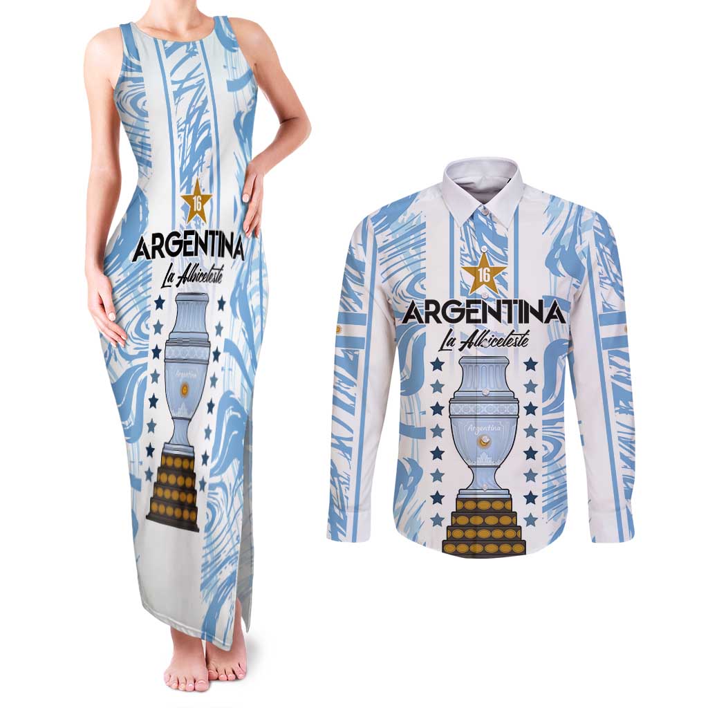 Custom Argentina Champion Football 2024 Couples Matching Tank Maxi Dress and Long Sleeve Button Shirt La Albiceleste Campeon de America - Wonder Print Shop