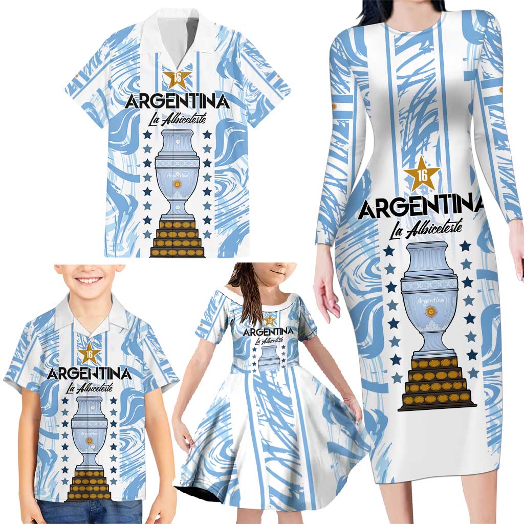 Custom Argentina Champion Football 2024 Family Matching Long Sleeve Bodycon Dress and Hawaiian Shirt La Albiceleste Campeon de America - Wonder Print Shop