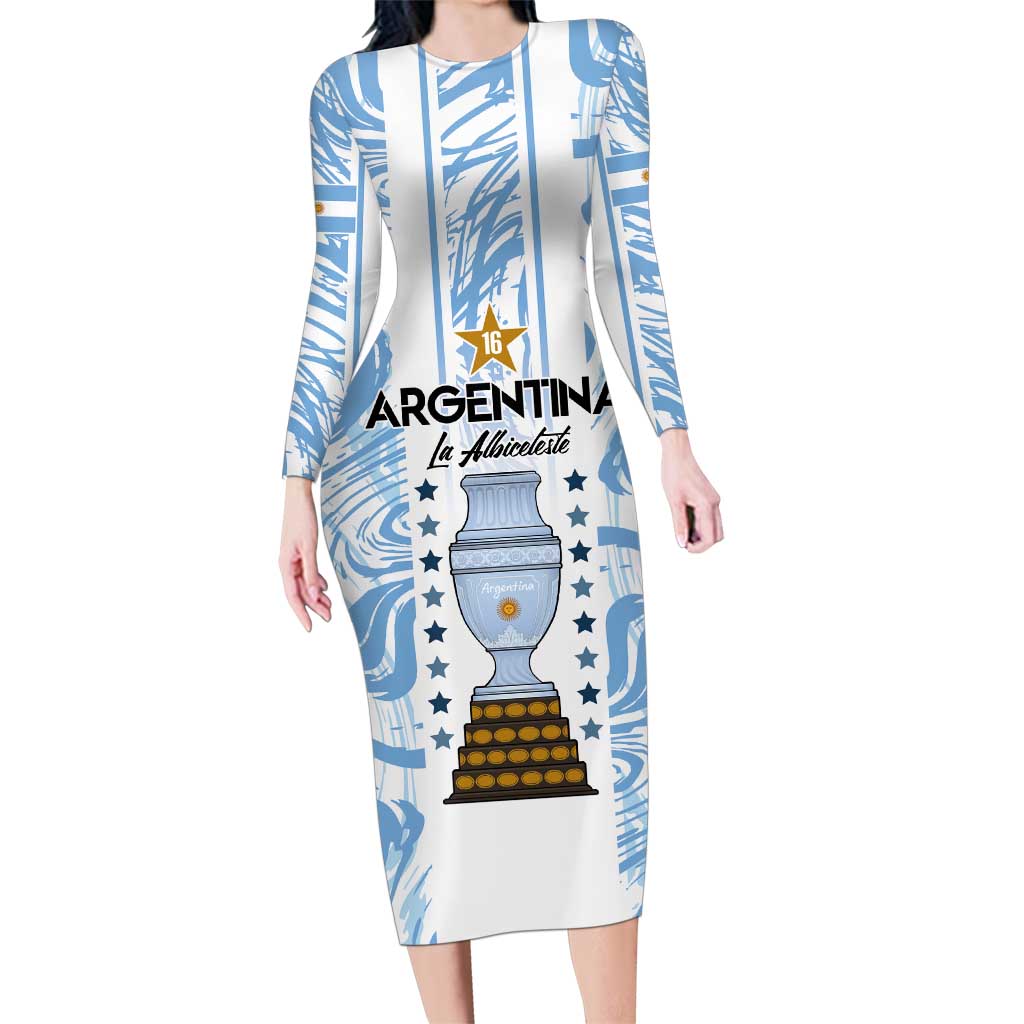 Custom Argentina Champion Football 2024 Family Matching Long Sleeve Bodycon Dress and Hawaiian Shirt La Albiceleste Campeon de America - Wonder Print Shop