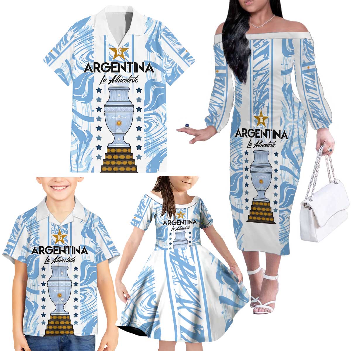 Custom Argentina Champion Football 2024 Family Matching Off The Shoulder Long Sleeve Dress and Hawaiian Shirt La Albiceleste Campeon de America - Wonder Print Shop