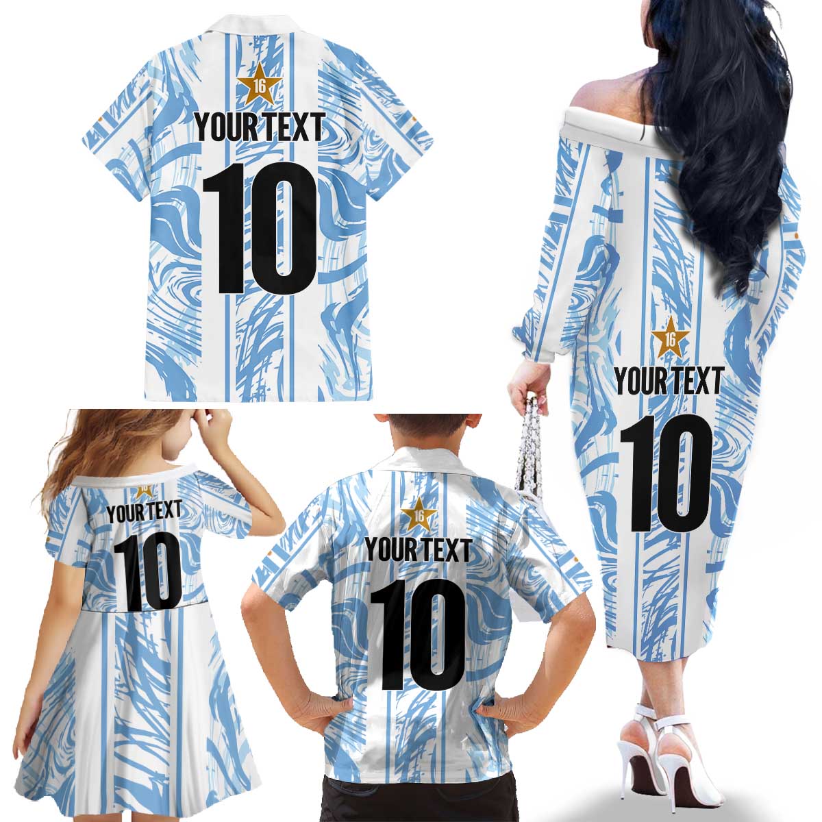 Custom Argentina Champion Football 2024 Family Matching Off The Shoulder Long Sleeve Dress and Hawaiian Shirt La Albiceleste Campeon de America - Wonder Print Shop