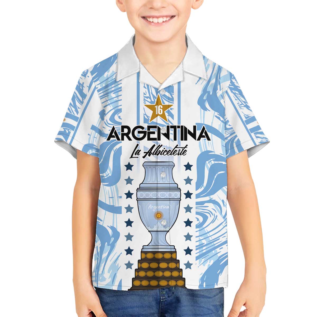 Custom Argentina Champion Football 2024 Family Matching Off The Shoulder Long Sleeve Dress and Hawaiian Shirt La Albiceleste Campeon de America - Wonder Print Shop