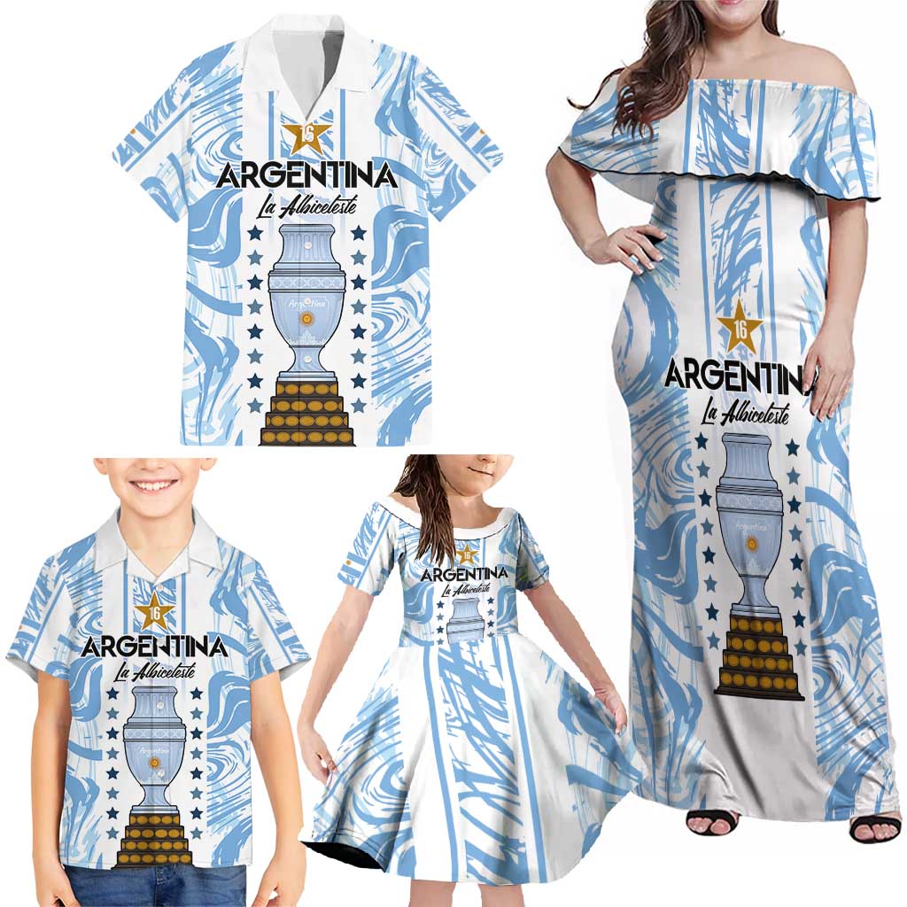 Custom Argentina Champion Football 2024 Family Matching Off Shoulder Maxi Dress and Hawaiian Shirt La Albiceleste Campeon de America - Wonder Print Shop