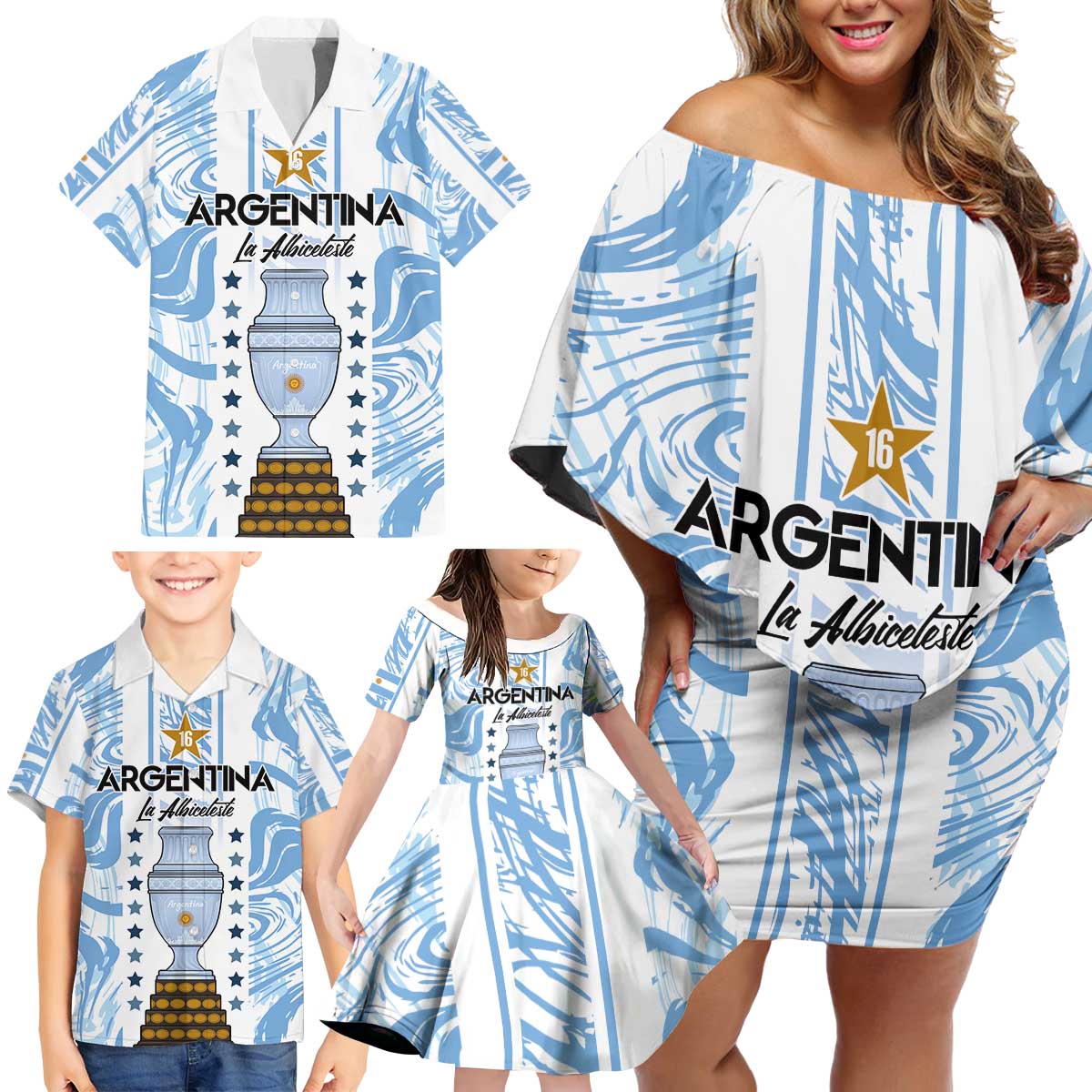 Custom Argentina Champion Football 2024 Family Matching Off Shoulder Short Dress and Hawaiian Shirt La Albiceleste Campeon de America - Wonder Print Shop
