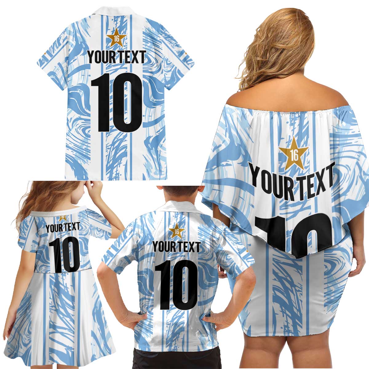 Custom Argentina Champion Football 2024 Family Matching Off Shoulder Short Dress and Hawaiian Shirt La Albiceleste Campeon de America - Wonder Print Shop