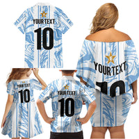 Custom Argentina Champion Football 2024 Family Matching Off Shoulder Short Dress and Hawaiian Shirt La Albiceleste Campeon de America - Wonder Print Shop
