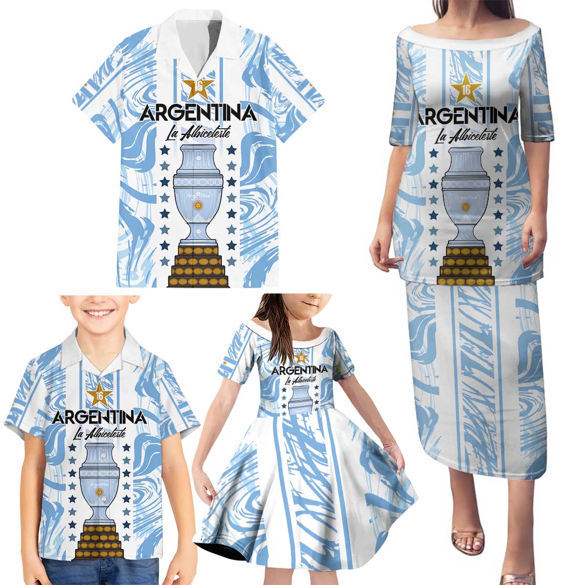 Custom Argentina Champion Football 2024 Family Matching Puletasi and Hawaiian Shirt La Albiceleste Campeon de America - Wonder Print Shop
