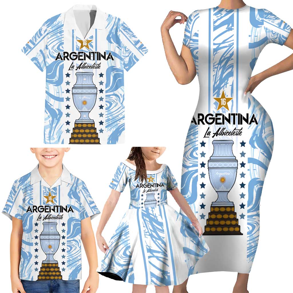 Custom Argentina Champion Football 2024 Family Matching Short Sleeve Bodycon Dress and Hawaiian Shirt La Albiceleste Campeon de America - Wonder Print Shop
