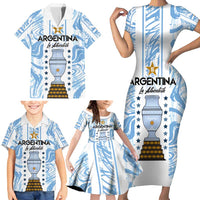 Custom Argentina Champion Football 2024 Family Matching Short Sleeve Bodycon Dress and Hawaiian Shirt La Albiceleste Campeon de America - Wonder Print Shop