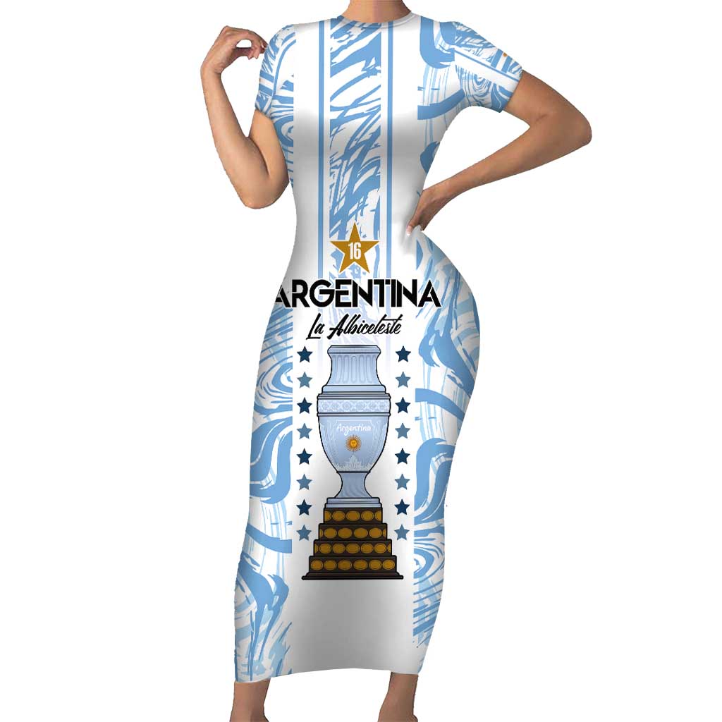 Custom Argentina Champion Football 2024 Family Matching Short Sleeve Bodycon Dress and Hawaiian Shirt La Albiceleste Campeon de America - Wonder Print Shop