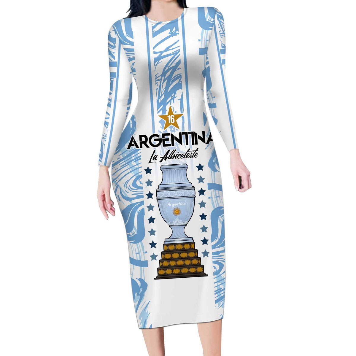 Custom Argentina Champion Football 2024 Long Sleeve Bodycon Dress La Albiceleste Campeon de America - Wonder Print Shop