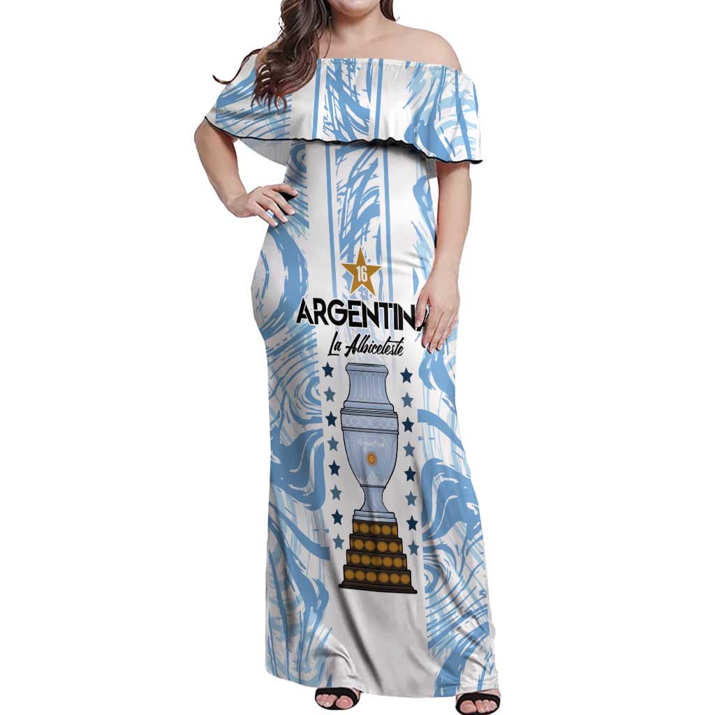 Custom Argentina Champion Football 2024 Off Shoulder Maxi Dress La Albiceleste Campeon de America - Wonder Print Shop