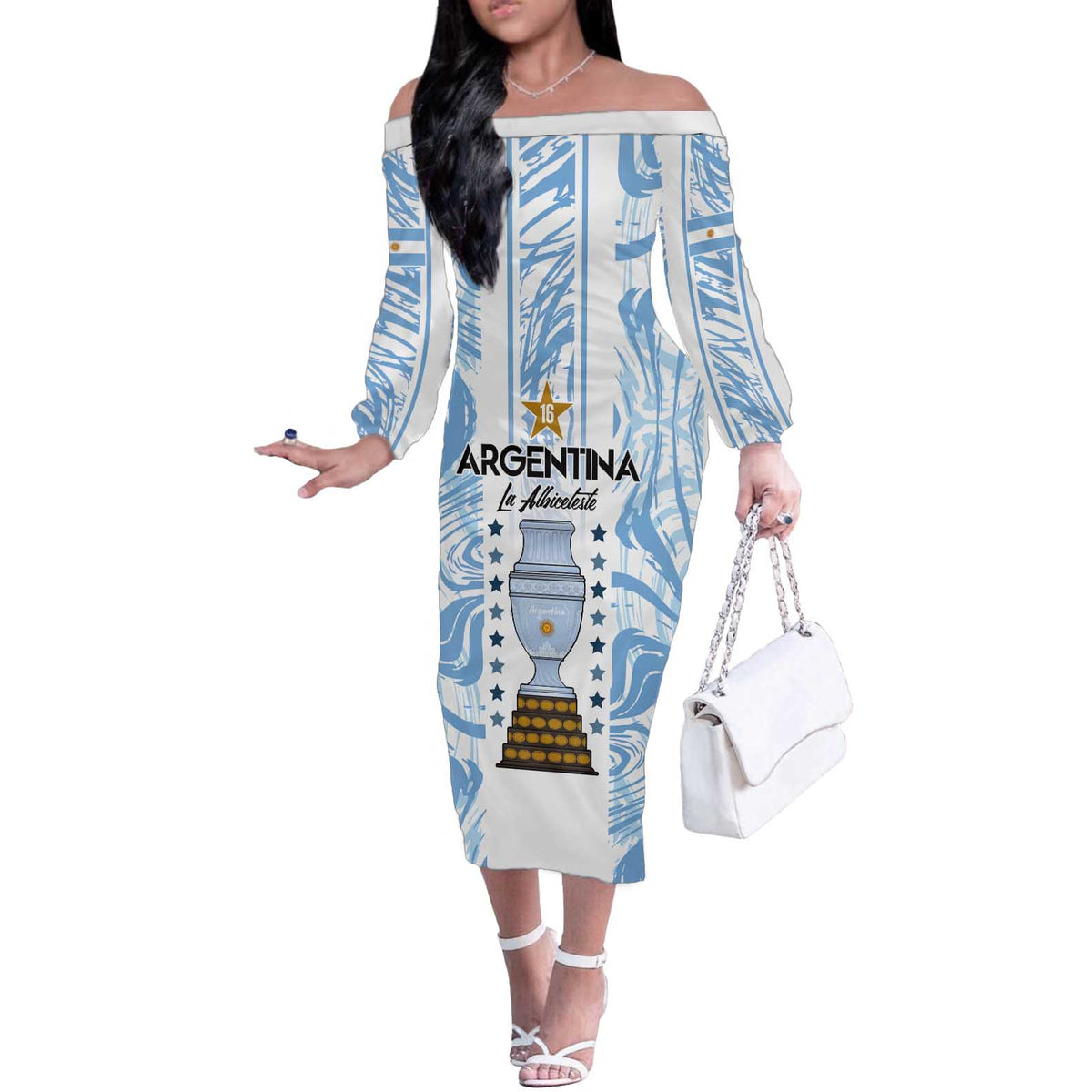 Custom Argentina Champion Football 2024 Off The Shoulder Long Sleeve Dress La Albiceleste Campeon de America - Wonder Print Shop
