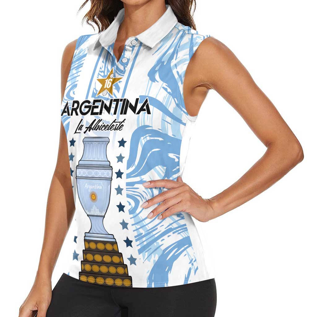 Custom Argentina Champion Football 2024 Women Sleeveless Polo Shirt La Albiceleste Campeon de America - Wonder Print Shop