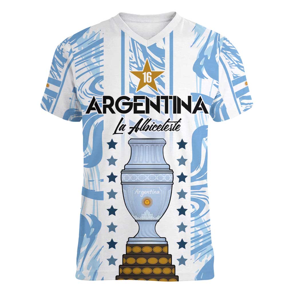 Custom Argentina Champion Football 2024 Women V-Neck T-Shirt La Albiceleste Campeon de America - Wonder Print Shop