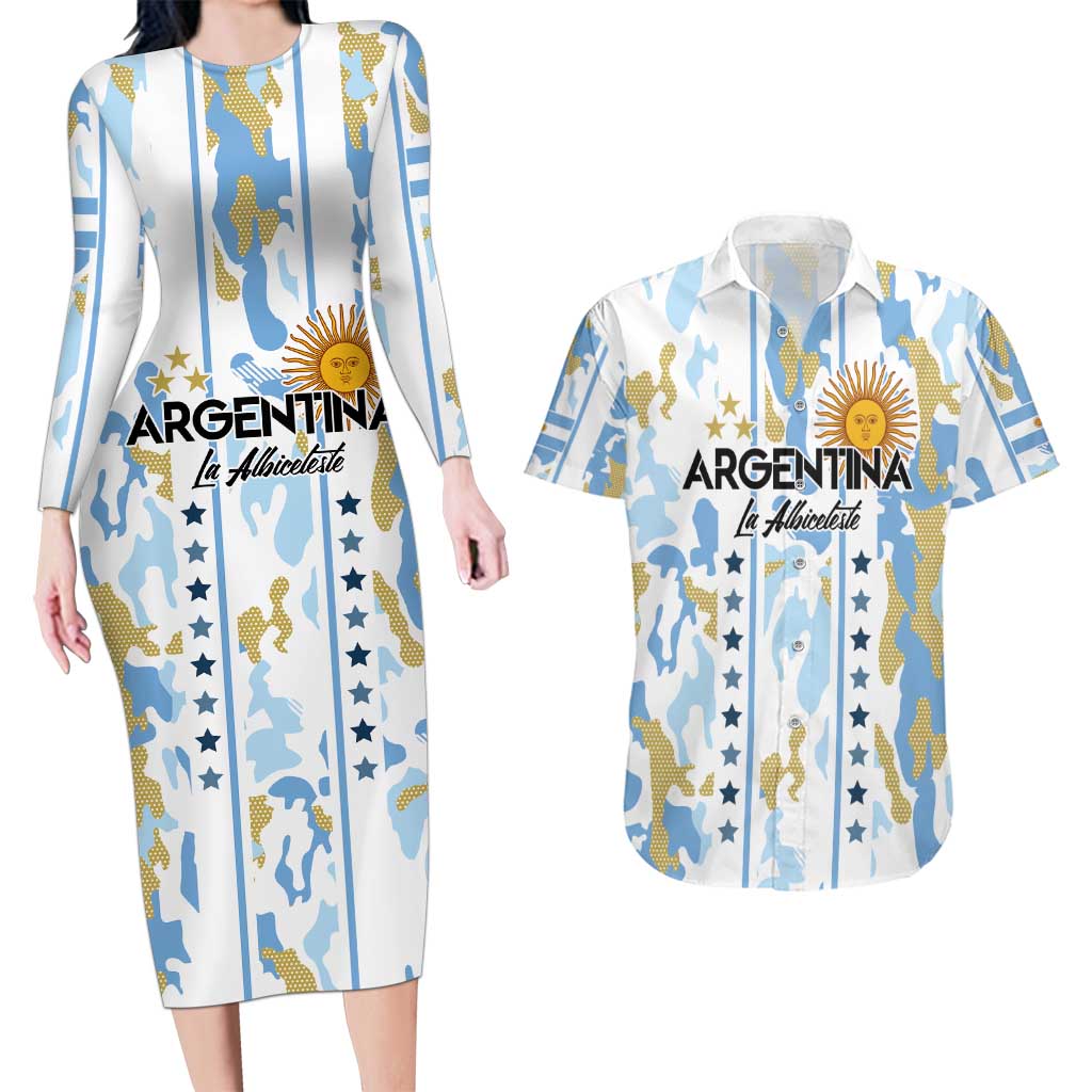 Custom Argentina Football Couples Matching Long Sleeve Bodycon Dress and Hawaiian Shirt Vamos La Albiceleste Camouflage Style - Wonder Print Shop