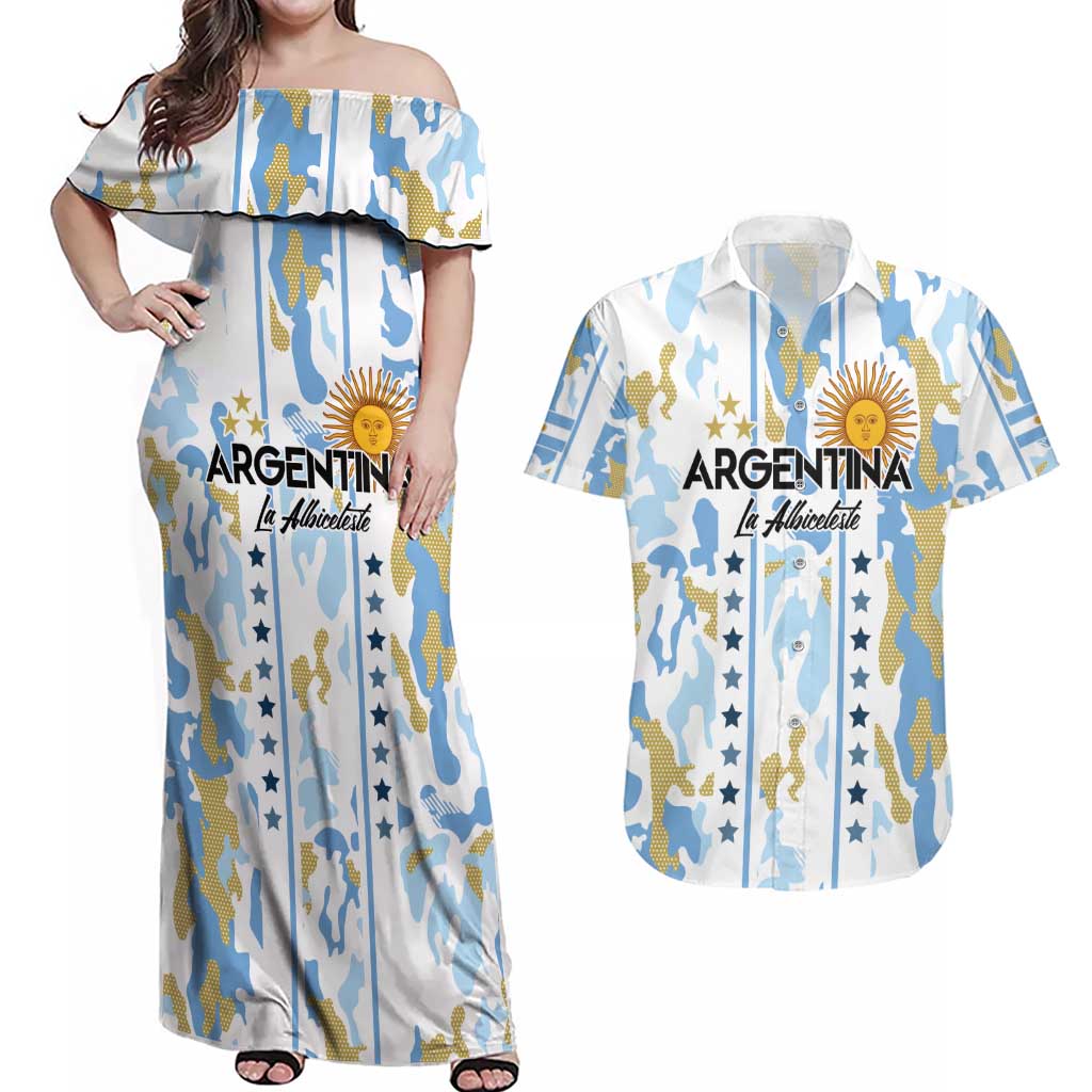 Custom Argentina Football Couples Matching Off Shoulder Maxi Dress and Hawaiian Shirt Vamos La Albiceleste Camouflage Style - Wonder Print Shop