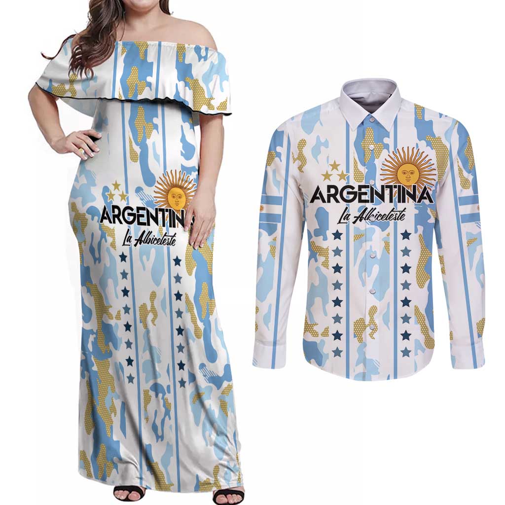 Custom Argentina Football Couples Matching Off Shoulder Maxi Dress and Long Sleeve Button Shirt Vamos La Albiceleste Camouflage Style - Wonder Print Shop