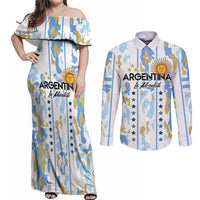 Custom Argentina Football Couples Matching Off Shoulder Maxi Dress and Long Sleeve Button Shirt Vamos La Albiceleste Camouflage Style - Wonder Print Shop