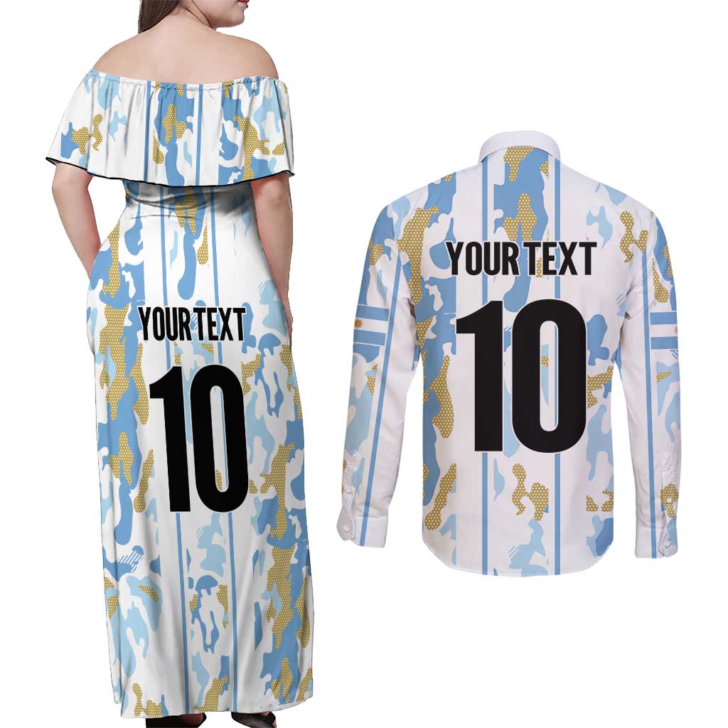 Custom Argentina Football Couples Matching Off Shoulder Maxi Dress and Long Sleeve Button Shirt Vamos La Albiceleste Camouflage Style - Wonder Print Shop