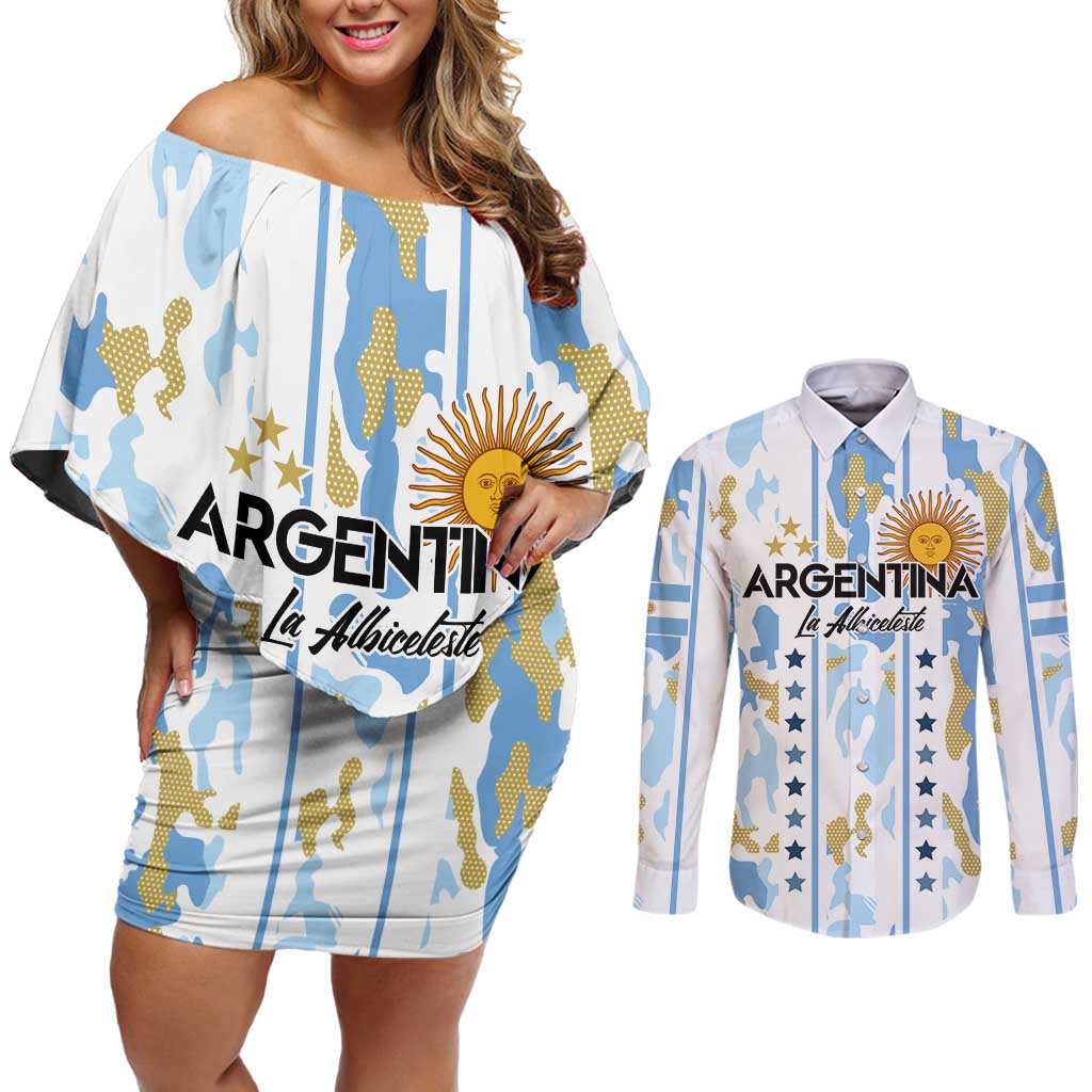 Custom Argentina Football Couples Matching Off Shoulder Short Dress and Long Sleeve Button Shirt Vamos La Albiceleste Camouflage Style - Wonder Print Shop