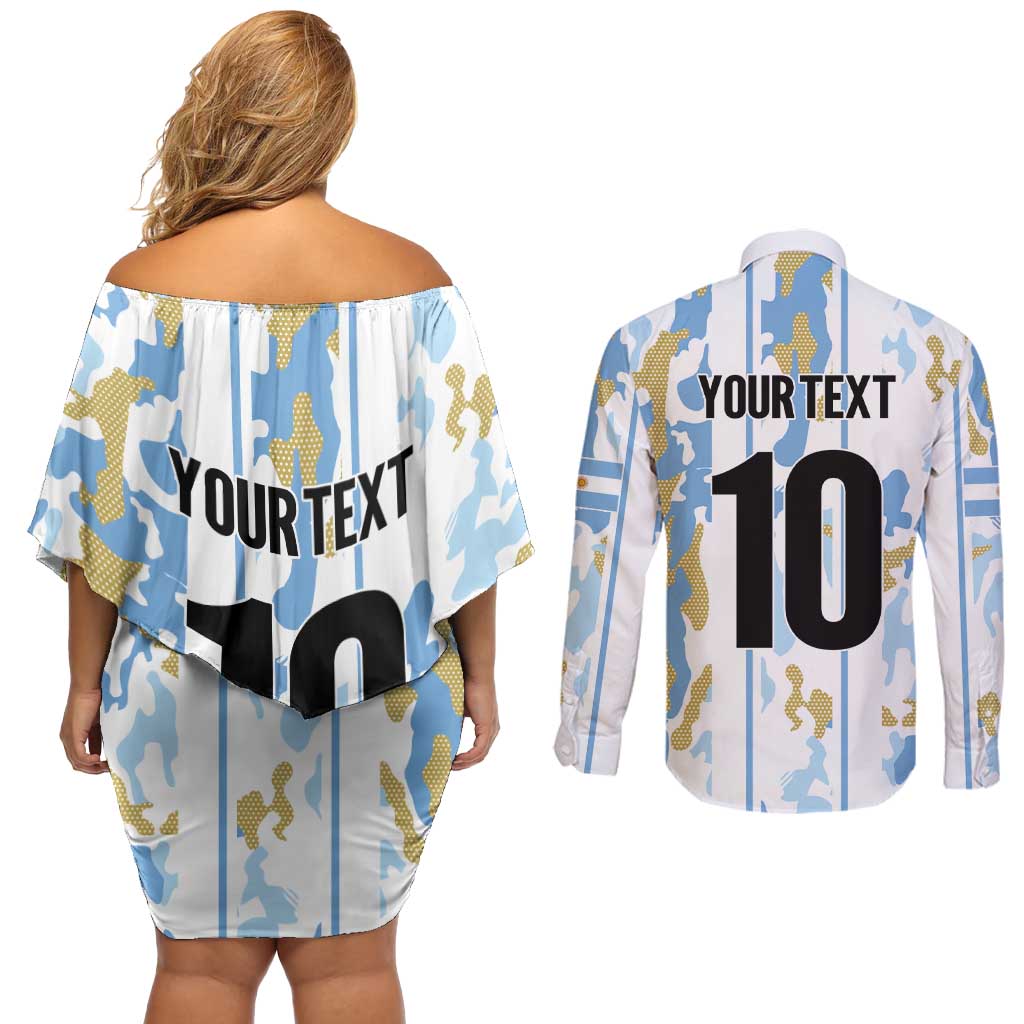 Custom Argentina Football Couples Matching Off Shoulder Short Dress and Long Sleeve Button Shirt Vamos La Albiceleste Camouflage Style - Wonder Print Shop