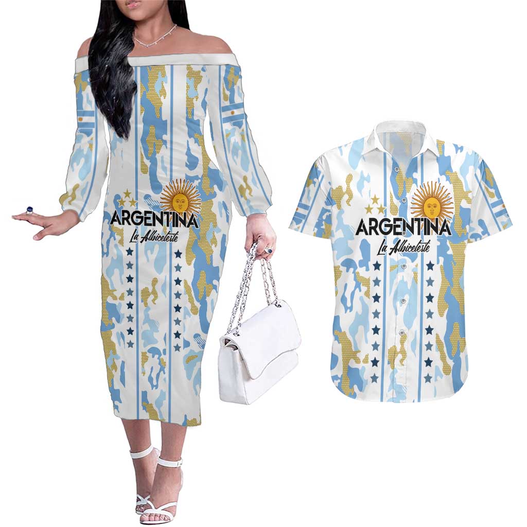 Custom Argentina Football Couples Matching Off The Shoulder Long Sleeve Dress and Hawaiian Shirt Vamos La Albiceleste Camouflage Style - Wonder Print Shop