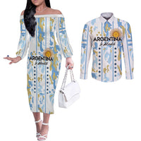 Custom Argentina Football Couples Matching Off The Shoulder Long Sleeve Dress and Long Sleeve Button Shirt Vamos La Albiceleste Camouflage Style
