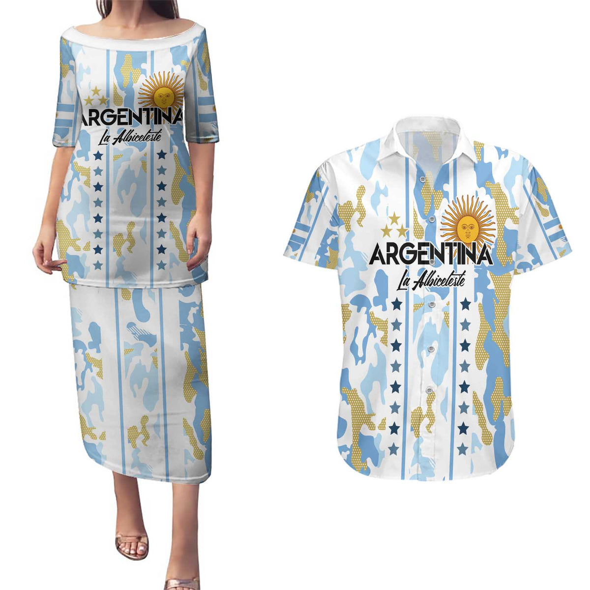 Custom Argentina Football Couples Matching Puletasi and Hawaiian Shirt Vamos La Albiceleste Camouflage Style - Wonder Print Shop