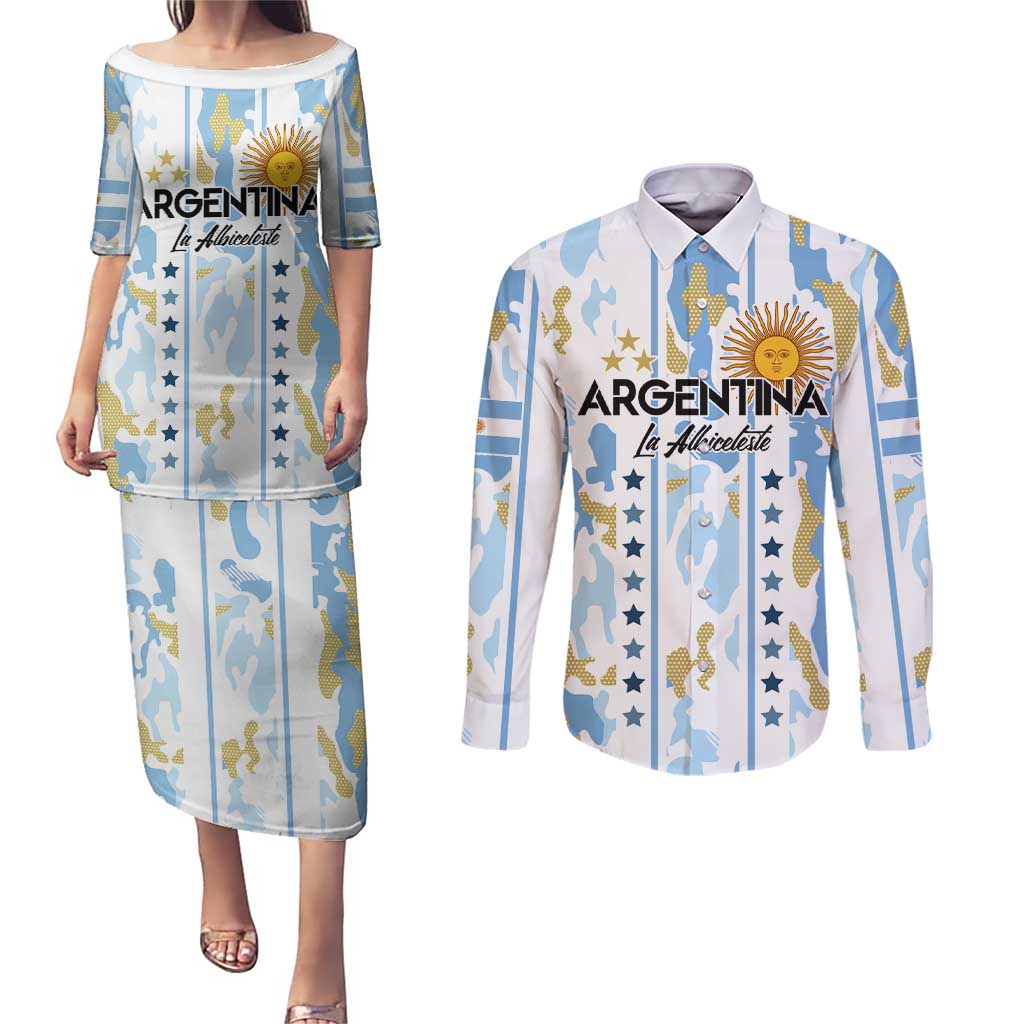 Custom Argentina Football Couples Matching Puletasi and Long Sleeve Button Shirt Vamos La Albiceleste Camouflage Style - Wonder Print Shop