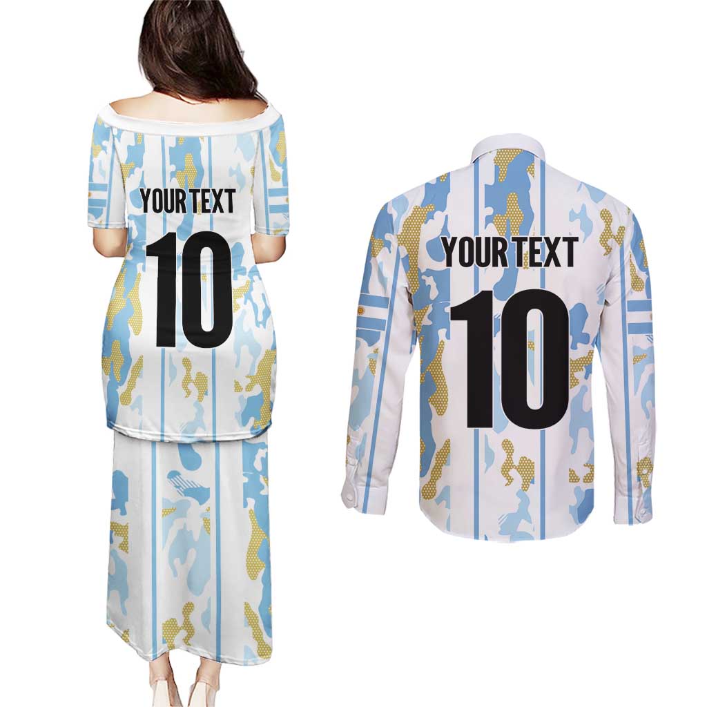 Custom Argentina Football Couples Matching Puletasi and Long Sleeve Button Shirt Vamos La Albiceleste Camouflage Style - Wonder Print Shop