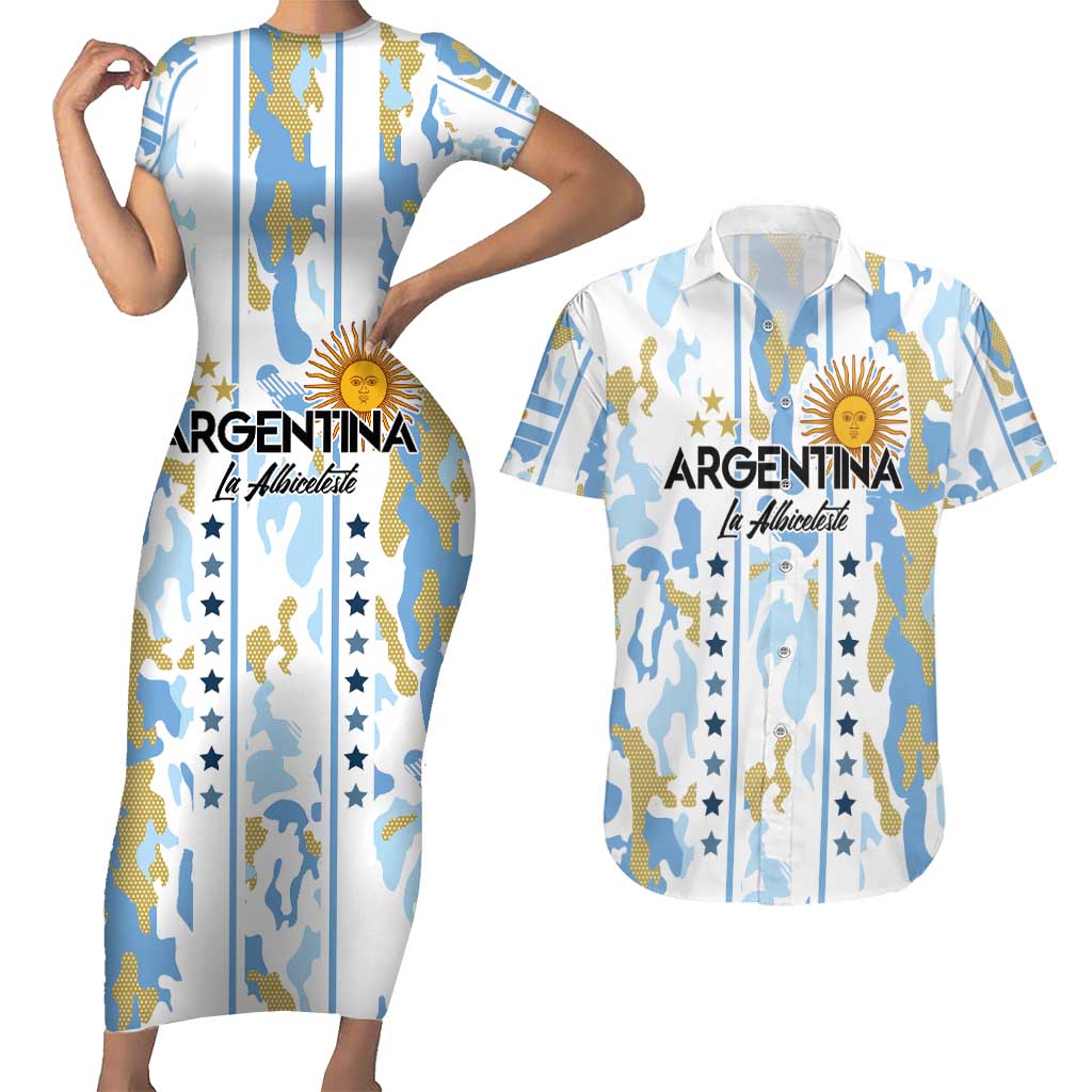 Custom Argentina Football Couples Matching Short Sleeve Bodycon Dress and Hawaiian Shirt Vamos La Albiceleste Camouflage Style - Wonder Print Shop