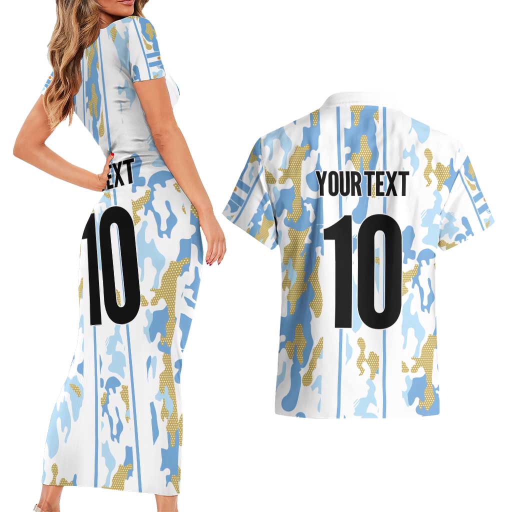 Custom Argentina Football Couples Matching Short Sleeve Bodycon Dress and Hawaiian Shirt Vamos La Albiceleste Camouflage Style - Wonder Print Shop