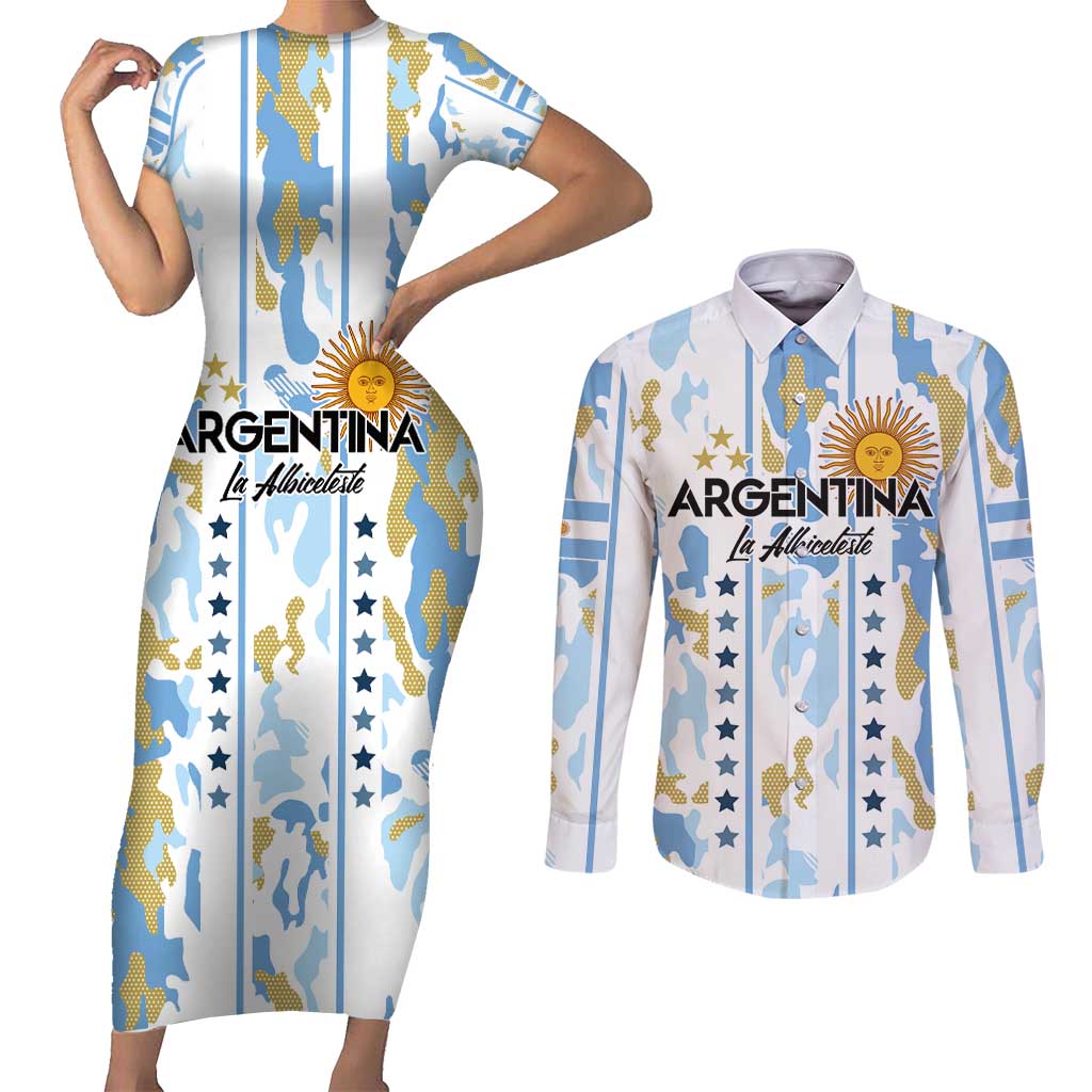 Custom Argentina Football Couples Matching Short Sleeve Bodycon Dress and Long Sleeve Button Shirt Vamos La Albiceleste Camouflage Style - Wonder Print Shop